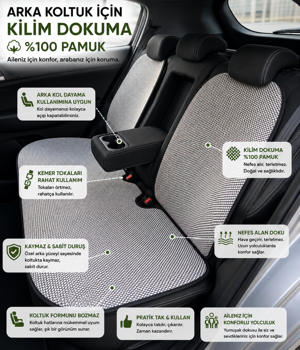 KİLİM DOKUMA TERLETMEZ %100 PAMUK OTO KOLTUK MİNDER SETİ 5'Lİ