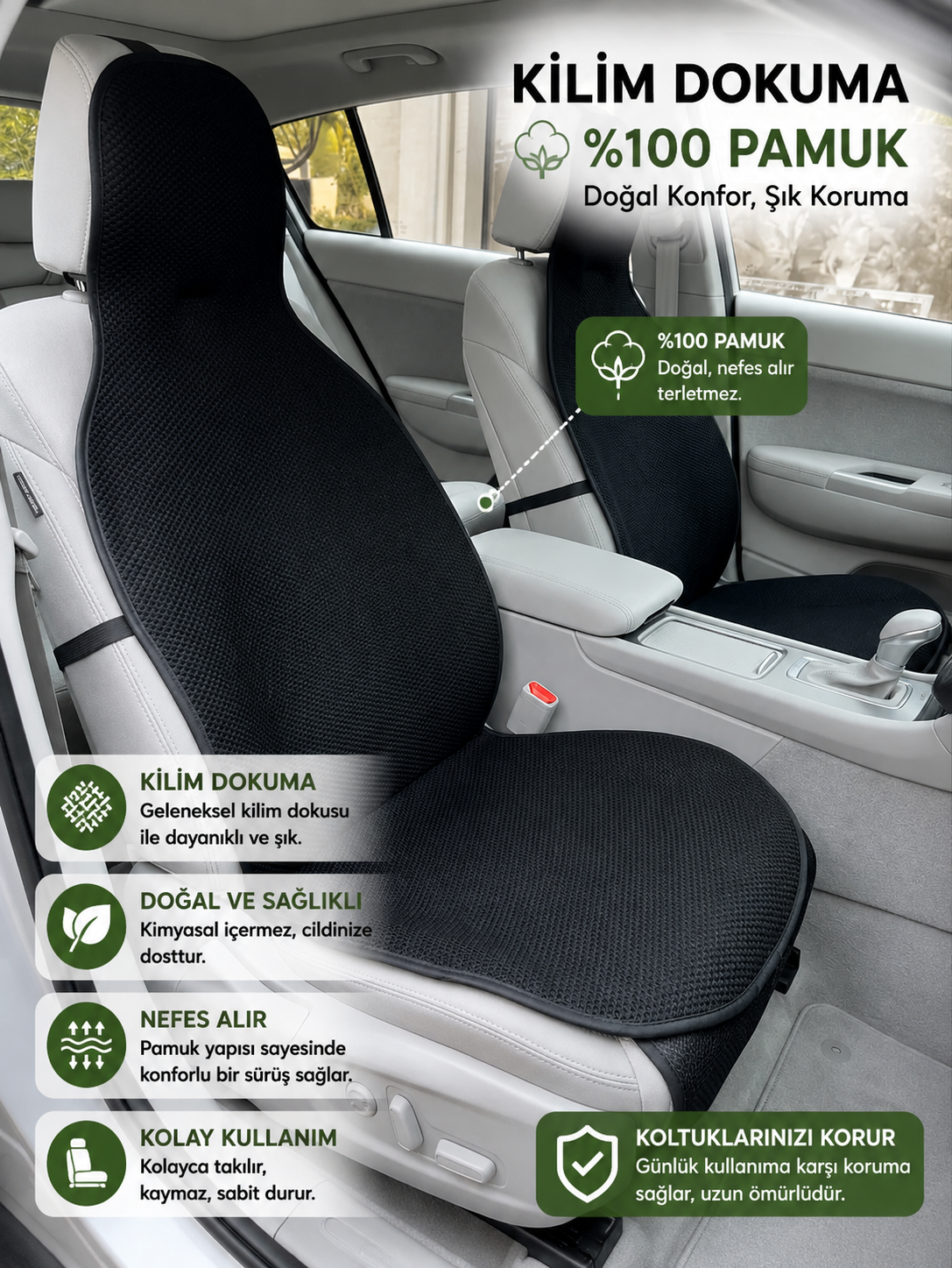 KİLİM DOKUMA TERLETMEZ %100 PAMUK OTO KOLTUK MİNDER SETİ 5'Lİ