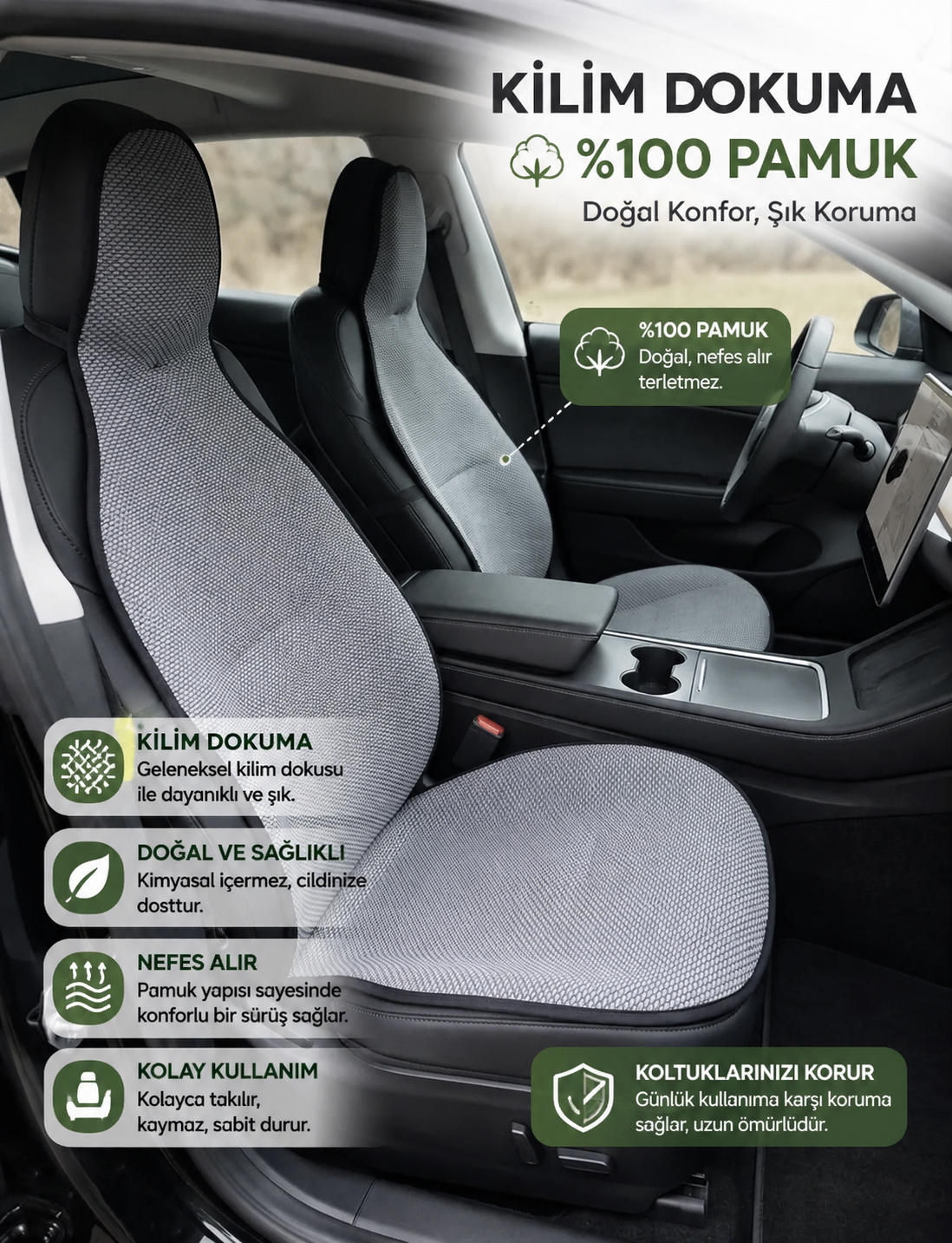 KİLİM DOKUMA TERLETMEZ %100 PAMUK OTO KOLTUK MİNDER SETİ 5'Lİ