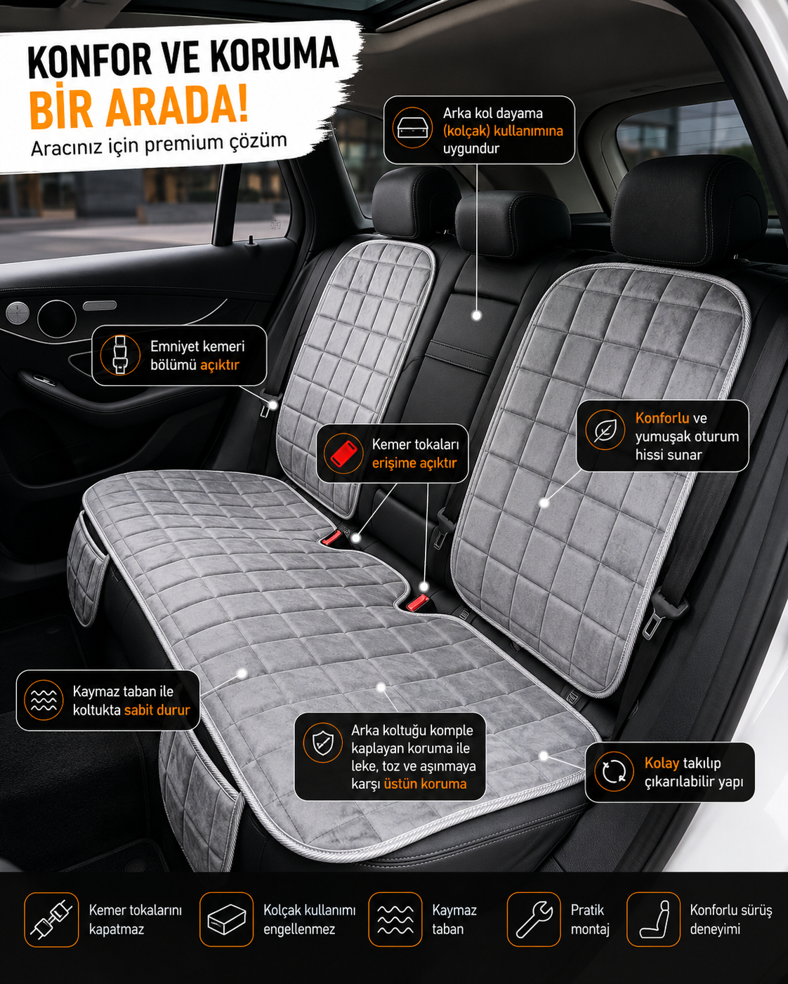 Premium Ortopedik Oto Koltuk Minder Seti-Koltuk Koruma Kılıfı-Ön ve Arka Tam Set