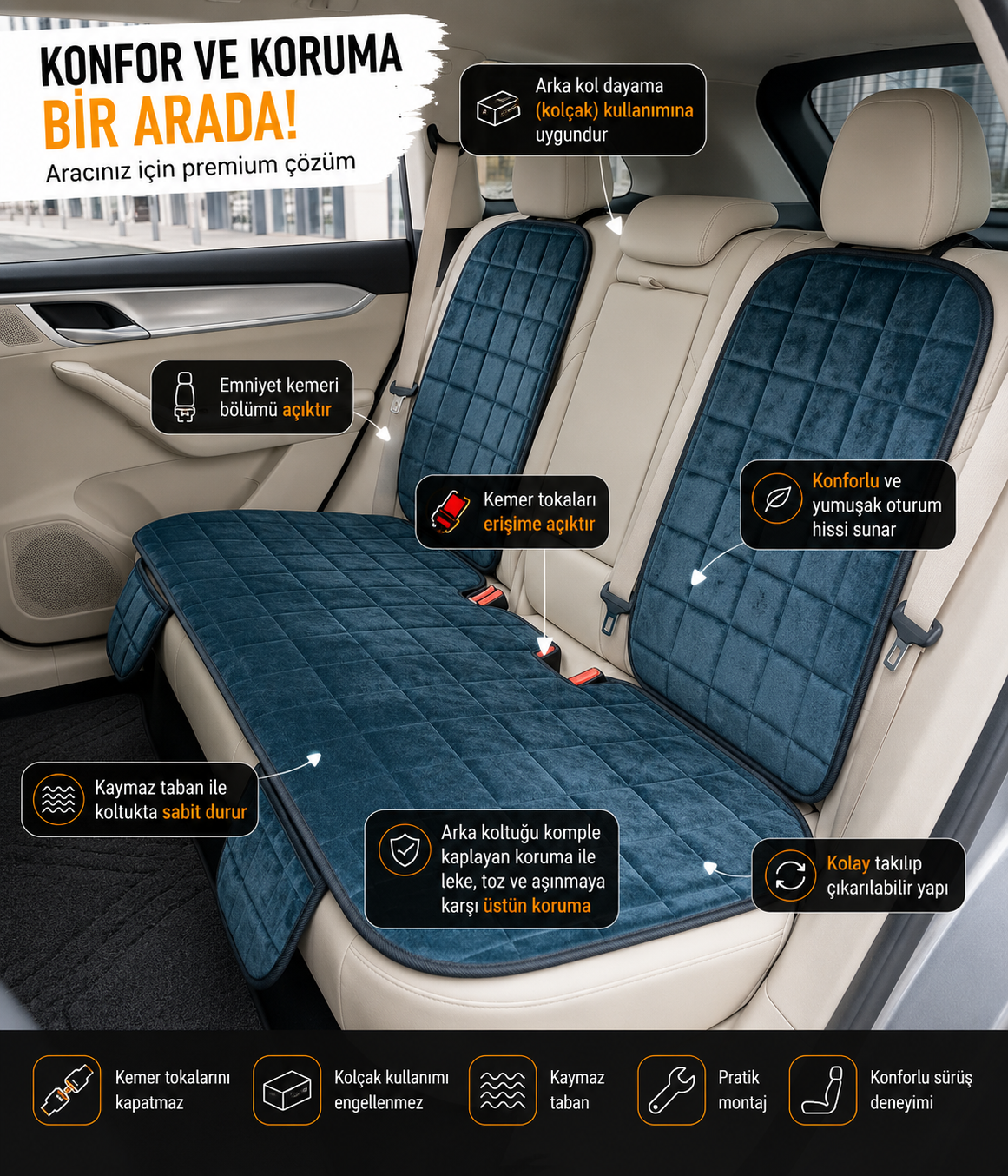 Premium Ortopedik Oto Koltuk Minder Seti-Koltuk Koruma Kılıfı-Ön ve Arka Tam Set