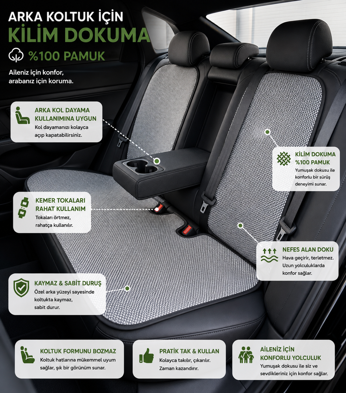 KİLİM DOKUMA TERLETMEZ %100 PAMUK OTO KOLTUK MİNDER SETİ 5'Lİ