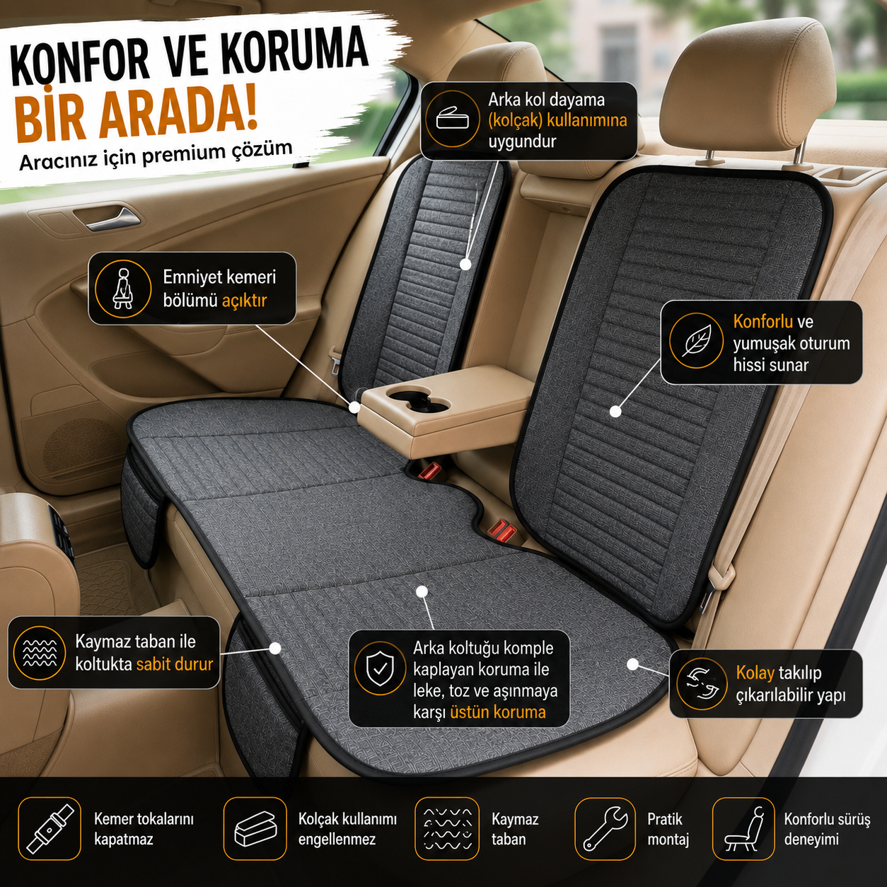 Tokyo Serisi Keten Oto Koltuk Minder Seti- Koltuk Koruma Kılıfı Ön-Arka Tam Set