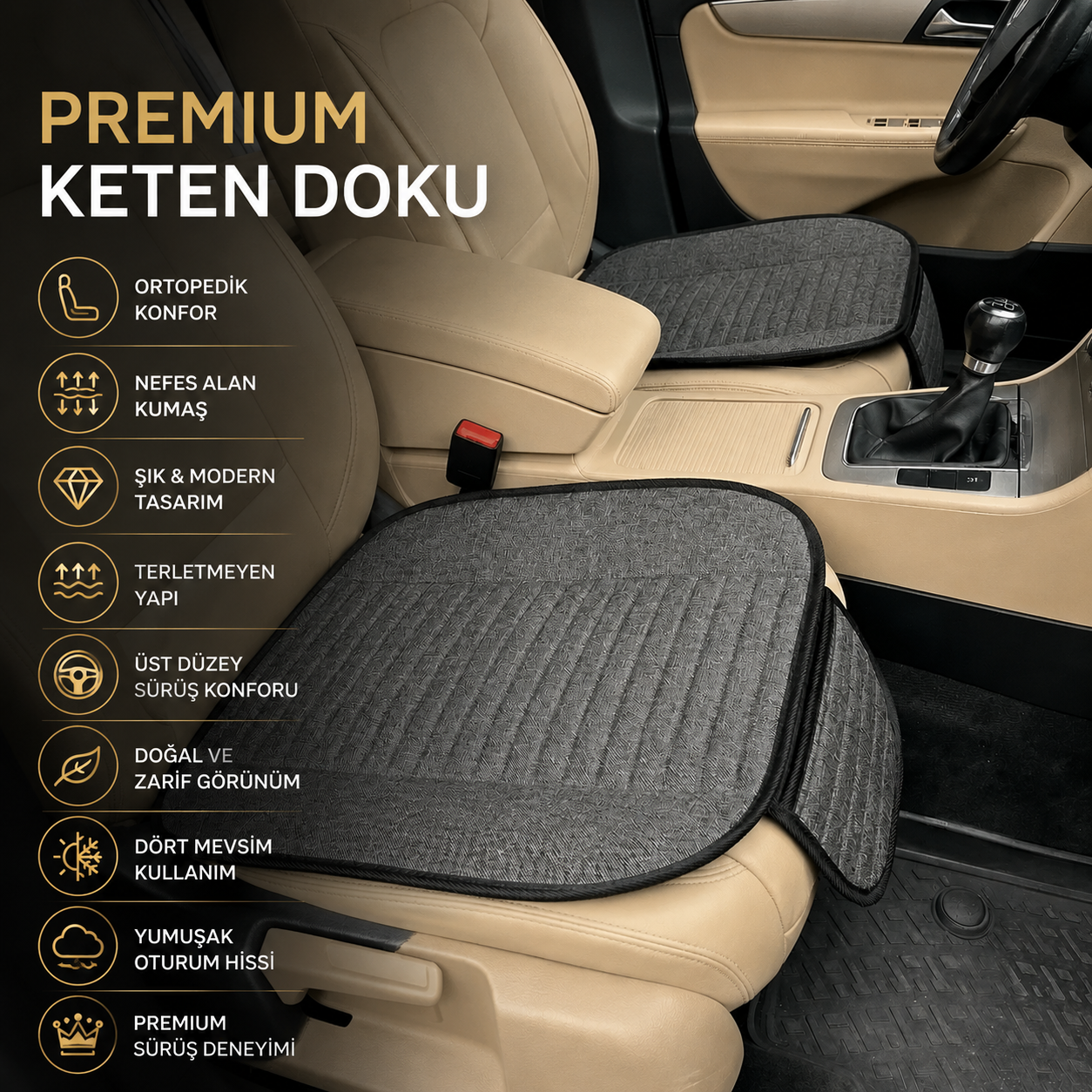 Tokyo Serisi Keten Oto Koltuk Minder Seti- Koltuk Koruma Kılıfı 3'lü Set