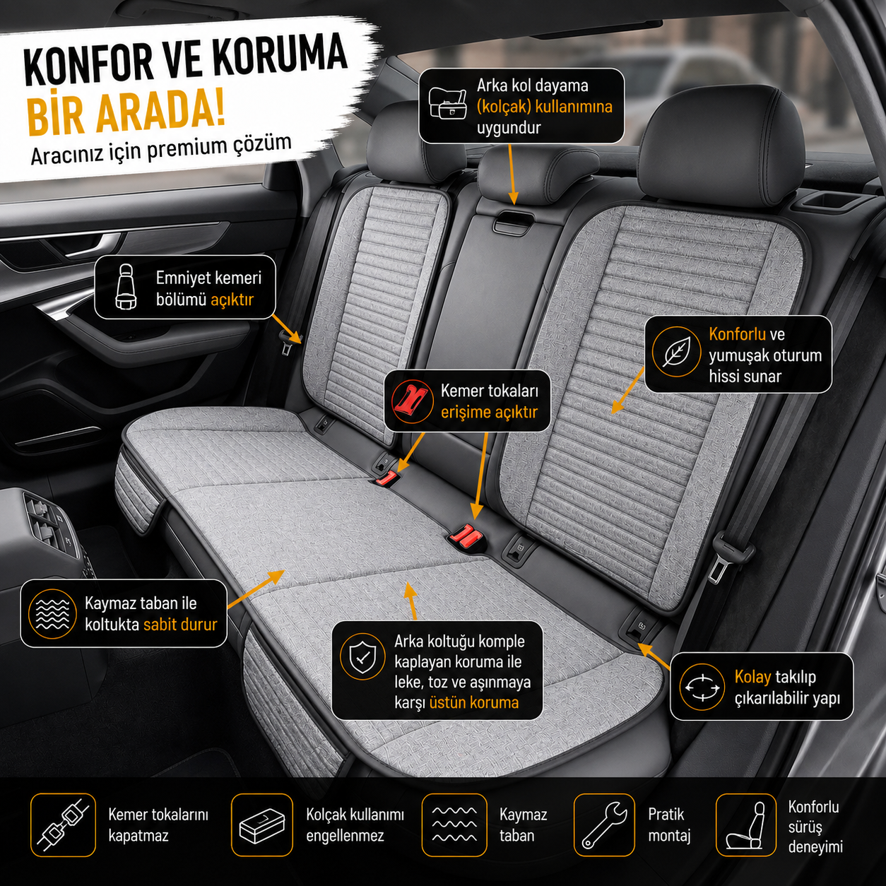 Tokyo Serisi Keten Oto Koltuk Minder Seti- Koltuk Koruma Kılıfı Ön-Arka Tam Set